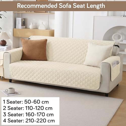 Hokipo Quilted Sofa Cover 3 Seater With Bottom Waterproof Layer. With Side Pockets, Cream (Ar-5143-W6) - Polyester - Image 4