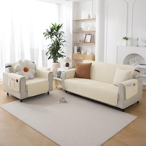 Hokipo Quilted Sofa Cover 3 Seater With Bottom Waterproof Layer. With Side Pockets, Cream (Ar-5143-W6) - Polyester - Image 5