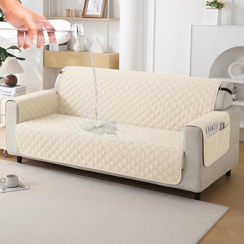 Hokipo Quilted Sofa Cover 3 Seater With Bottom Waterproof Layer. With Side Pockets, Cream (Ar-5143-W6) - Polyester - Image 1