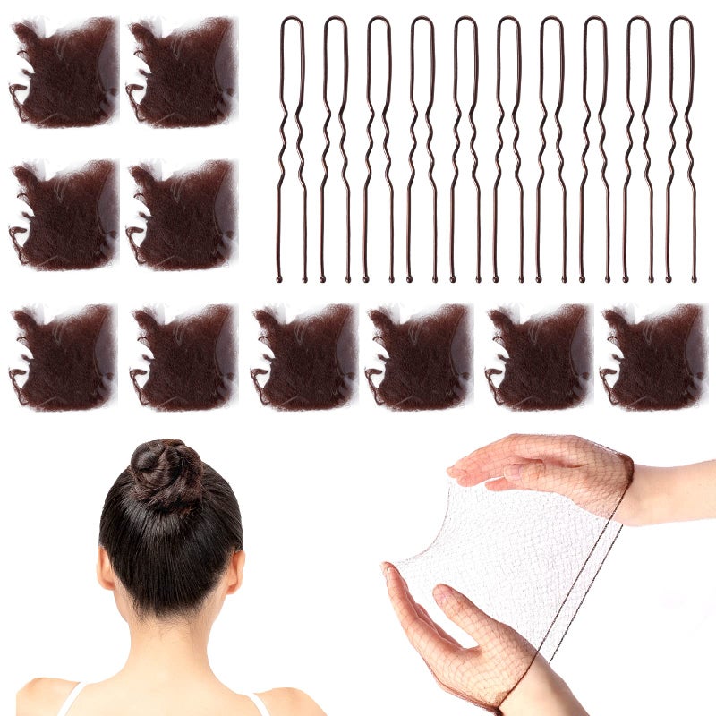 Sliverdew Hair Bun Nets Set with Elastic Edge and UShaped Pins for Buns  20 Brown Mesh Invisible Ballet Nets for Girls and Women