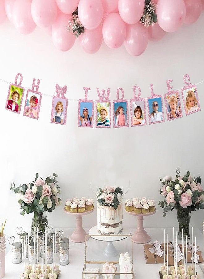 WeBenison Oh Twodles Photo Banner Girl 2nd Birthday Paper Photo Frame Cartoon Mouse Bunting Decorations Happy 2nd Birthday Picture Banner Pink Glitter - Image 5