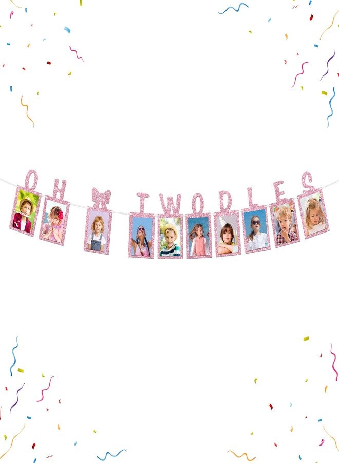WeBenison Oh Twodles Photo Banner Girl 2nd Birthday Paper Photo Frame Cartoon Mouse Bunting Decorations Happy 2nd Birthday Picture Banner Pink Glitter - Image 1