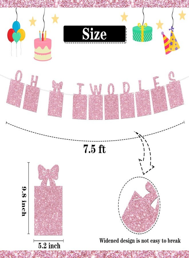 WeBenison Oh Twodles Photo Banner Girl 2nd Birthday Paper Photo Frame Cartoon Mouse Bunting Decorations Happy 2nd Birthday Picture Banner Pink Glitter - Image 2