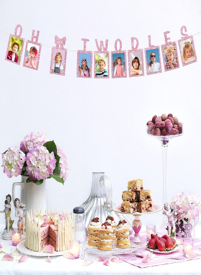 WeBenison Oh Twodles Photo Banner Girl 2nd Birthday Paper Photo Frame Cartoon Mouse Bunting Decorations Happy 2nd Birthday Picture Banner Pink Glitter - Image 4