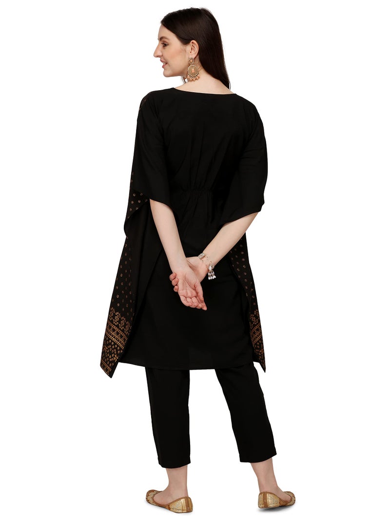 FIORRA Women's Black Poly Crepe Kaftan Kurta with Pant SET0045-S - Image 3