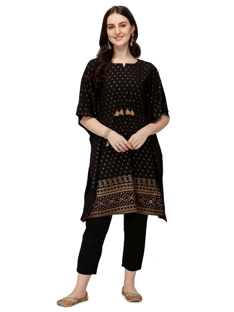 FIORRA Women's Black Poly Crepe Kaftan Kurta with Pant SET0045-S - Image 1