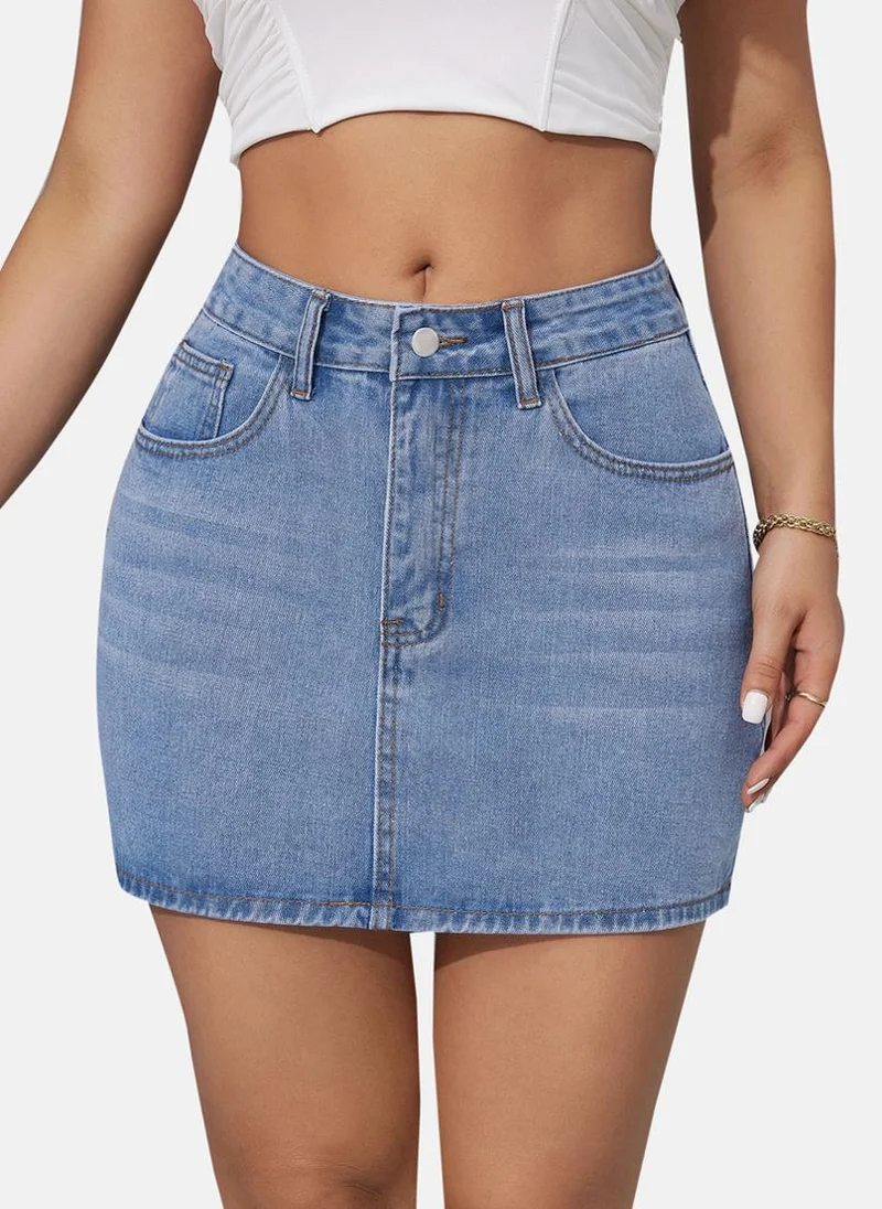 يونيكي Blue Solid Denim Mini Skirt