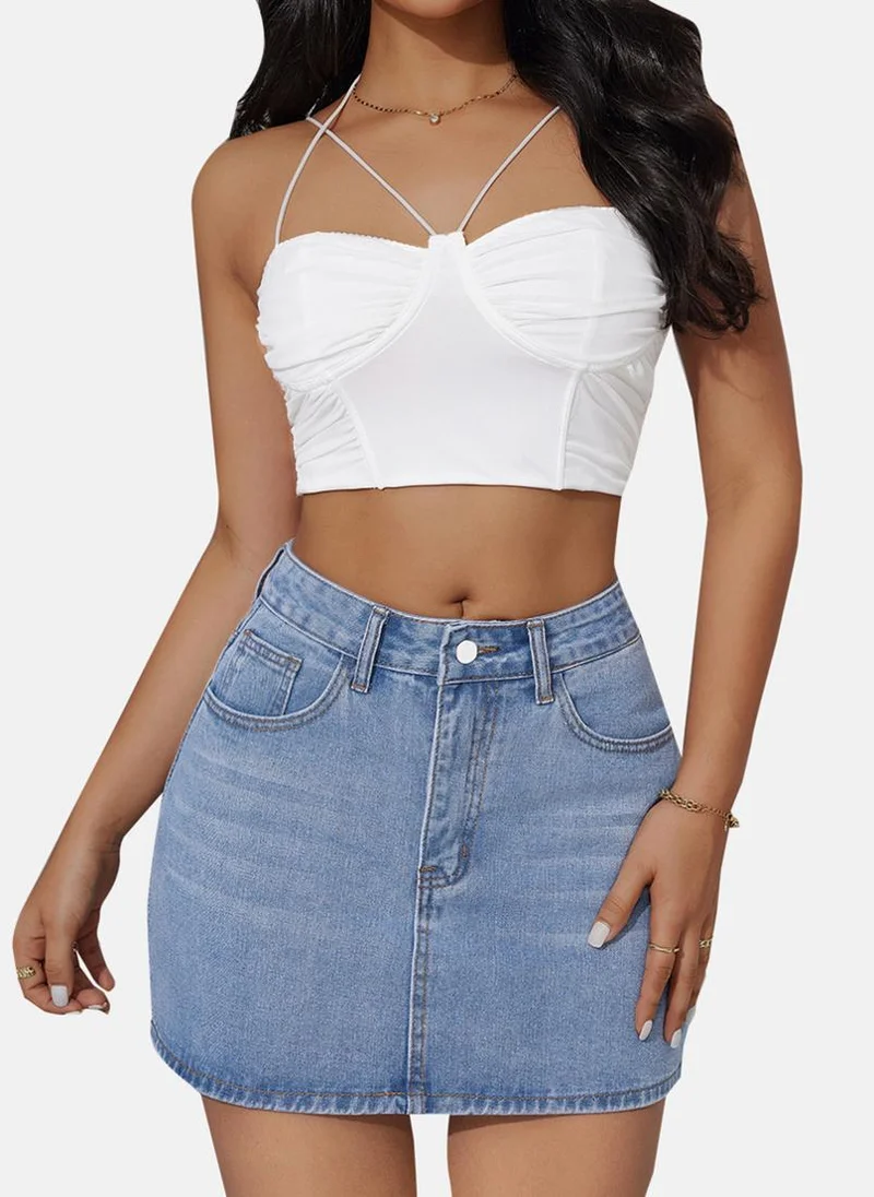 يونيكي Blue Solid Denim Mini Skirt