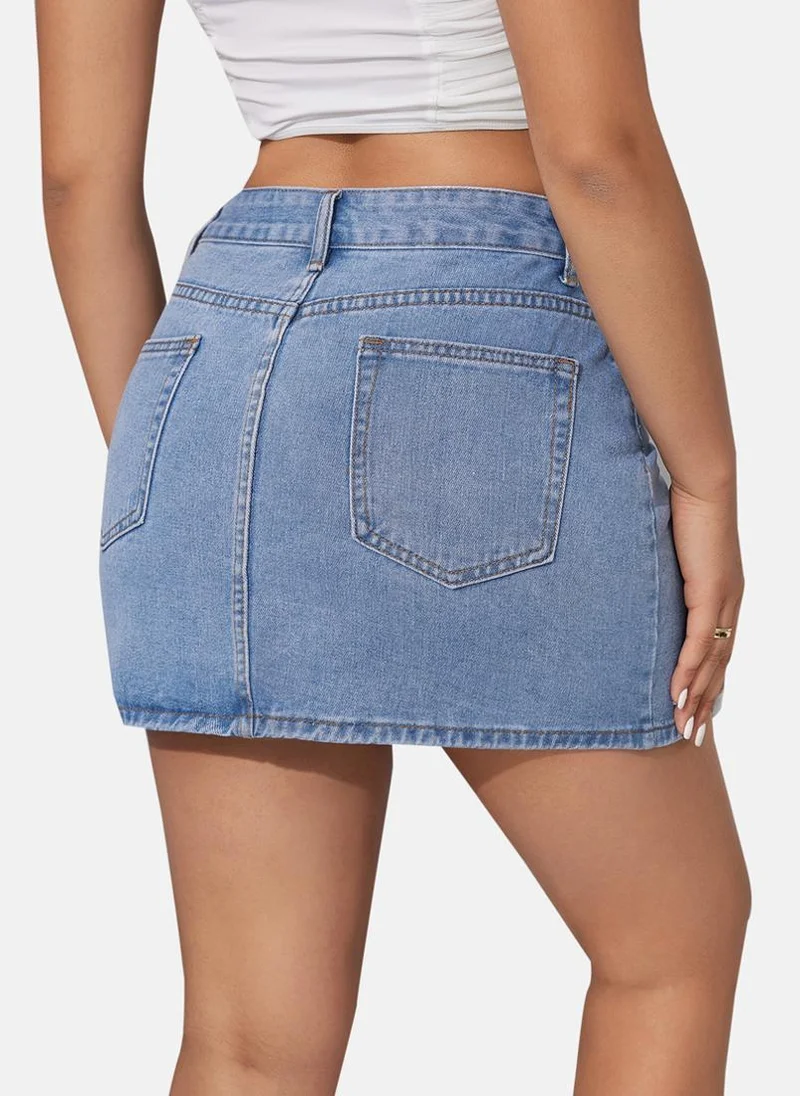 يونيكي Blue Solid Denim Mini Skirt