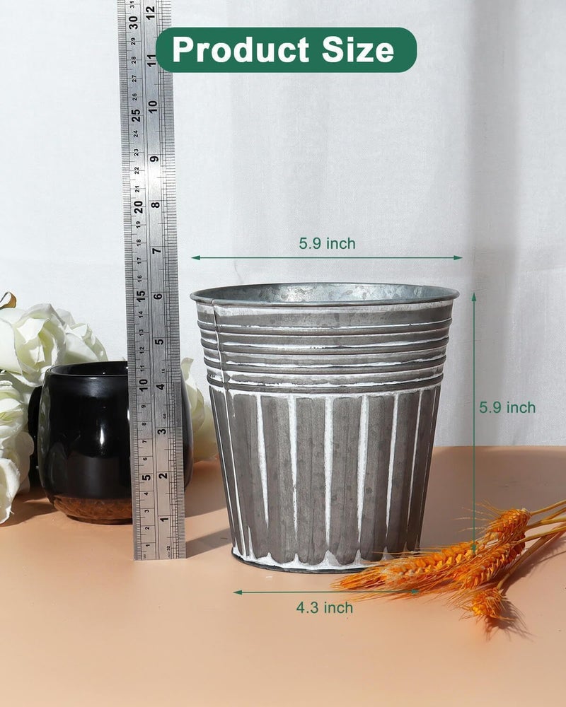 vensovo 6 Inch Silver Metal Rustic Flower Pots - 6Pcs Galvanized Planters with Drainage Hole and Rubber Plug, Rustproof Metal Bucket Plant Pots Farmhouse Vintage Style for Decor - Image 2