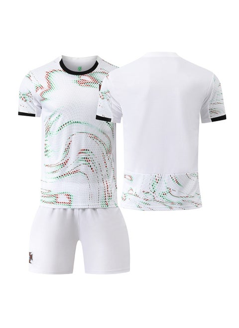 A new football jersey is made of fabric that is breathable, quick-drying, soft and has good elasticity, It consists of a 2-piece set of a top, trousers, and is specially designed for football and sports enthusiasts