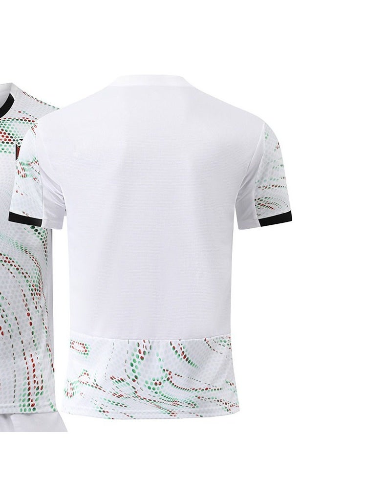 A new football jersey is made of fabric that is breathable, quick-drying, soft and has good elasticity, It consists of a 2-piece set of a top, trousers, and is specially designed for football and sports enthusiasts