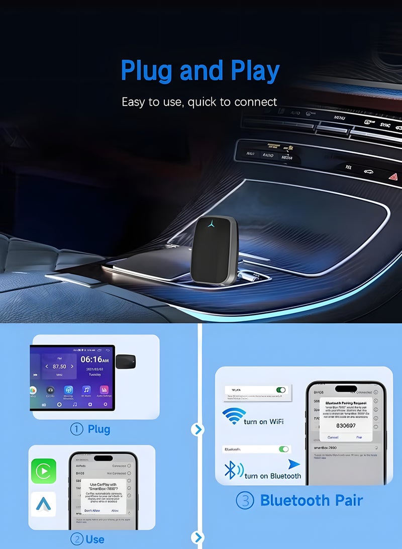 Mini Wireless Carplay Adapter, Convert Wired to Wireless Car Play & Android Auto 2-in-1 Adapter for Apple iPhone & Android Phone, Plug & Play, Auto Connect, No Delay, w/USB C for iOS 10+ Android 11+