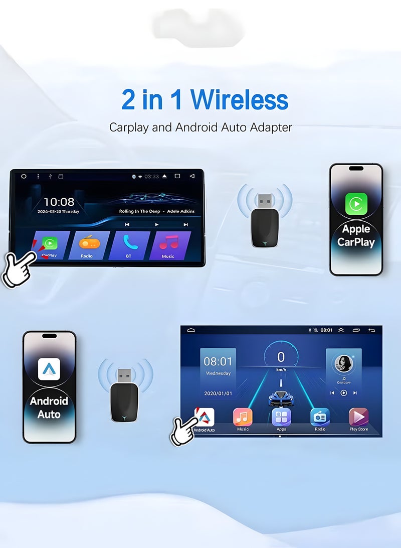 Mini Wireless Carplay Adapter, Convert Wired to Wireless Car Play & Android Auto 2-in-1 Adapter for Apple iPhone & Android Phone, Plug & Play, Auto Connect, No Delay, w/USB C for iOS 10+ Android 11+