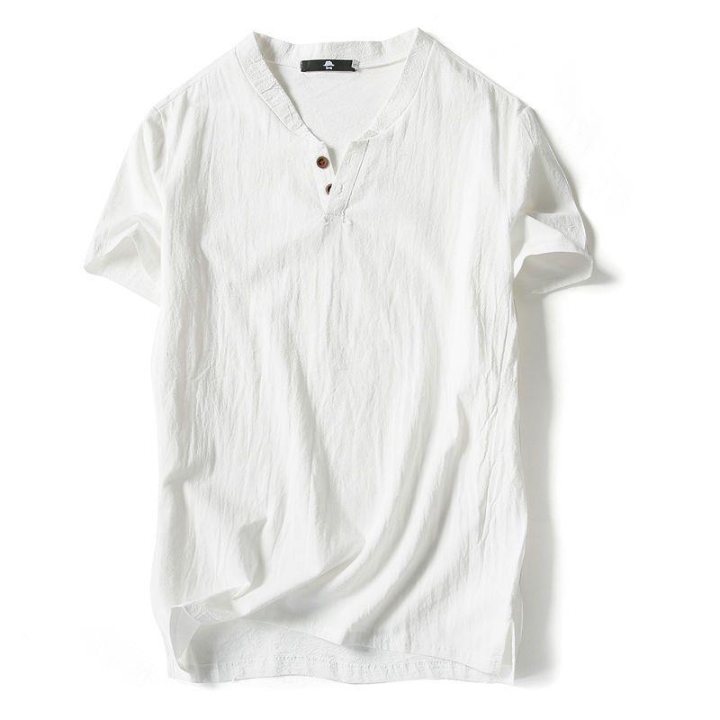 Short-sleeved T-shirt Men's Linen Vintage Top Thin Half-sleeved Solid Color V-neck Loose plus size Cotton Linen T-shirt - Image 1