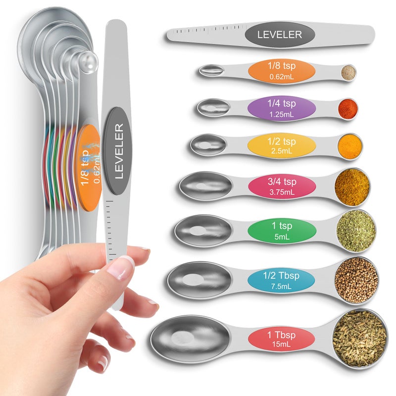 Howgoody Magnetic Measuring Spoons Set Of 8 Heavy Duty 304 Stainless Steel Metal Fits in Most Kitchen Spice Jars for Baking Cooking BPA FreeMeasuring Dry Liquid Ingredients Rainbow