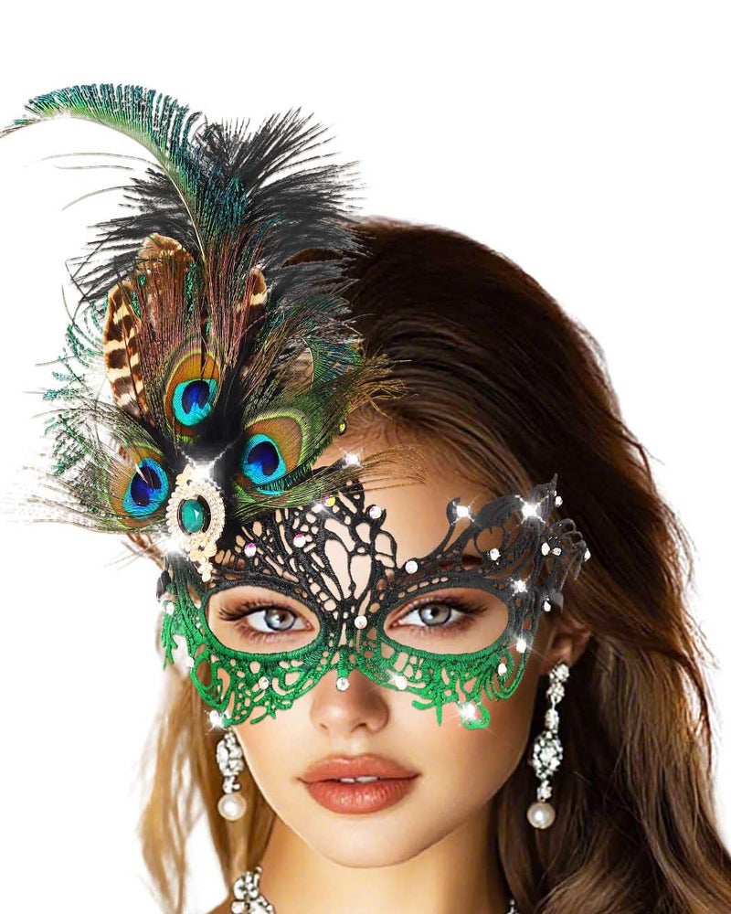 Campsis Rhinestone Masquerade Mask, Green Masquerade Ball Mask, Feather Party Masks for Women - Image 1