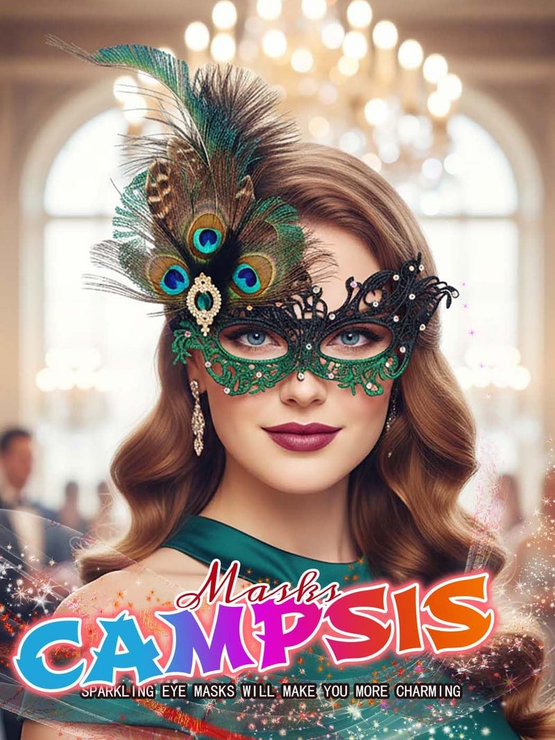 Campsis Rhinestone Masquerade Mask, Green Masquerade Ball Mask, Feather Party Masks for Women - Image 5