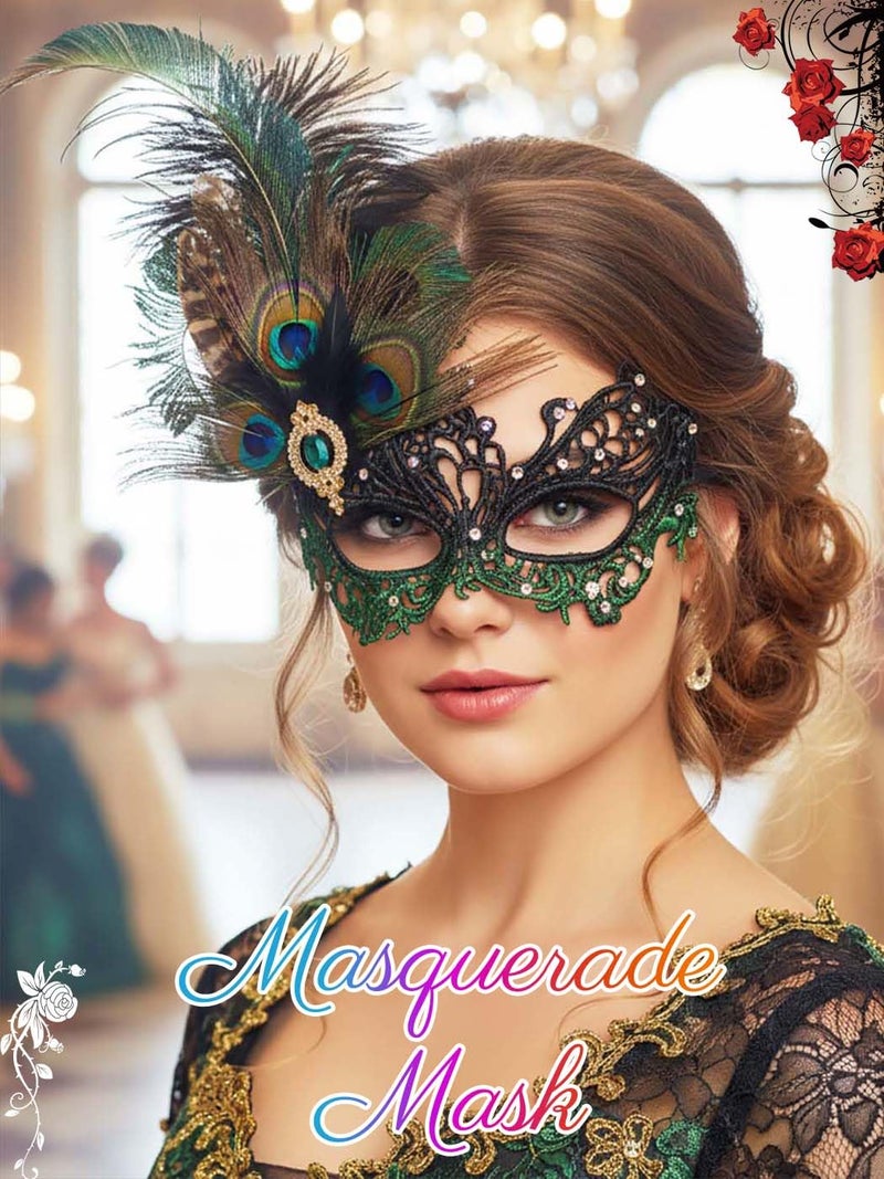 Campsis Rhinestone Masquerade Mask, Green Masquerade Ball Mask, Feather Party Masks for Women - Image 3