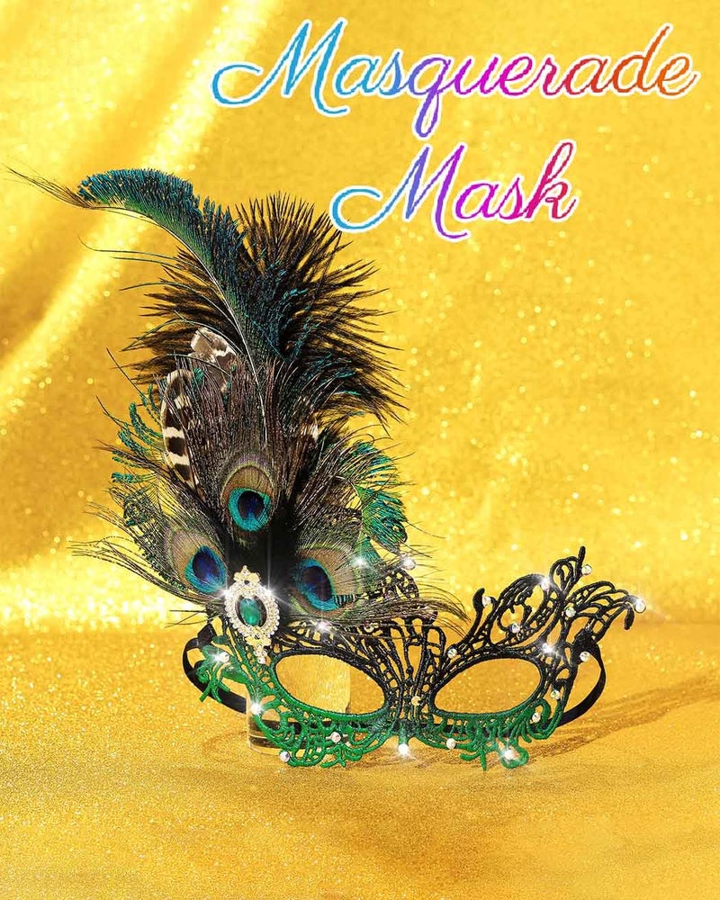 Campsis Rhinestone Masquerade Mask, Green Masquerade Ball Mask, Feather Party Masks for Women - Image 4