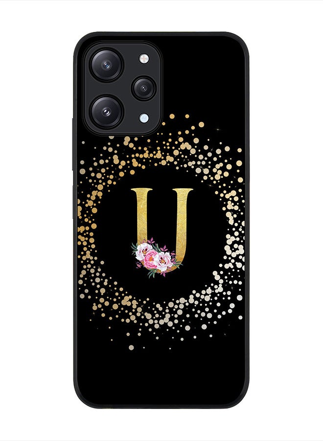 Stylizedd Cover for Xiaomi Redmi 12 4G Case, Rugged Black Slim fit  Protective Phone Cases- Custom Monogram Initial Letter Floral Pattern Alphabet -U (Black) - Image 1