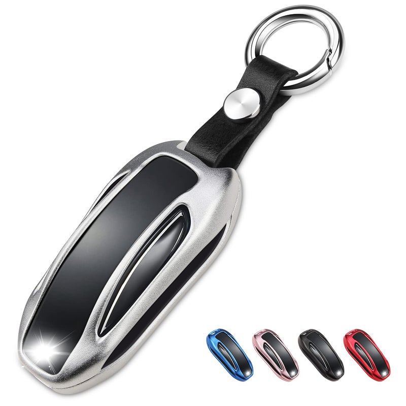 QBUC for Tesla Key Fob Cover with Keychain Compatible with Tesla Model X Keyless Protection Case Smart Remote Accessories Silver