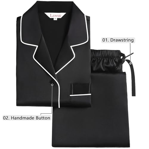 Lonxu Womens Silk Satin Pajamas Set Sleepwear Loungewear Black L - Image 4
