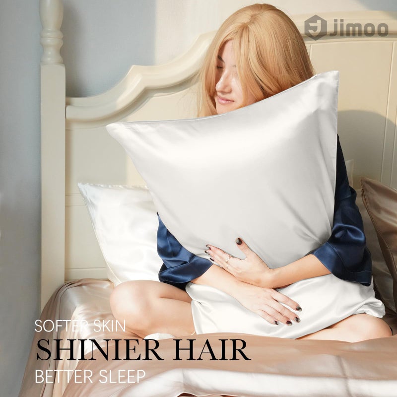 J JIMOO 100% Mulberry Silk Pillowcase for Hair and Skin, 22 Momme Pure Natural Silk Pillow Case Both Sided with Zipper, Pillow Cover for Women Mom Men (Ivory White, Standard 20''Ã—26'', 2 Pack) - Image 2