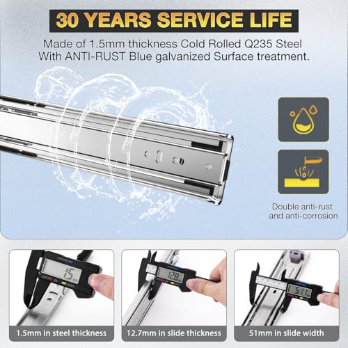 YENUO Heavy Duty Drawer Slides Full Extension Side Mount 12 14 16 18 20 22 24 26 28 30 32 34 36 40 Inch Metal Rails Track Guide Glides Runners 150 Lbs 1 Pair (Without Lock, 22 inch) - Image 4