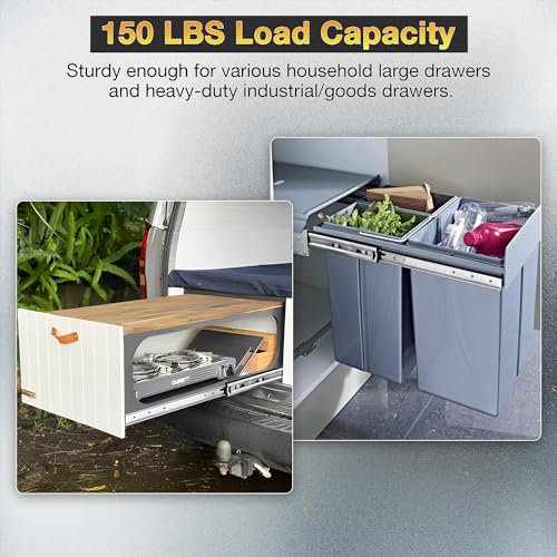 YENUO Heavy Duty Drawer Slides Full Extension Side Mount 12 14 16 18 20 22 24 26 28 30 32 34 36 40 Inch Metal Rails Track Guide Glides Runners 150 Lbs 1 Pair (Without Lock, 22 inch) - Image 3
