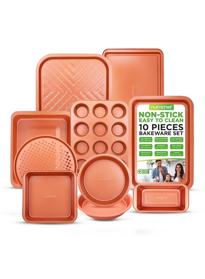 NutriChef 10-Piece Nonstick Oven Baking Pan Set - Premium Carbon Steel Bakeware w/Cookie Sheets, Loaf & Cupcake Pans, Perforated Crisper Pans, Round & Square Roasting Pans, Easy to Clean - Copper - Image 1