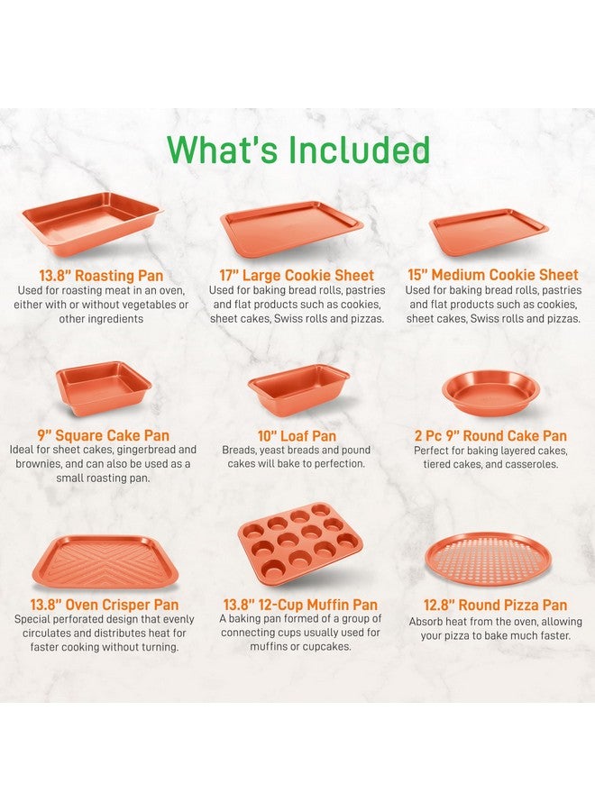 NutriChef 10-Piece Nonstick Oven Baking Pan Set - Premium Carbon Steel Bakeware w/Cookie Sheets, Loaf & Cupcake Pans, Perforated Crisper Pans, Round & Square Roasting Pans, Easy to Clean - Copper - Image 2