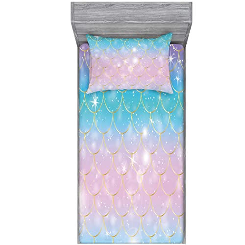 Roscloud Girls Mermaid Scale Bed Sheet Sets Twin Size  2PC Rainbow Pearl Diamond Stars Kids Fitted SheetFitted Sheet x 1 FPillowcase x 1