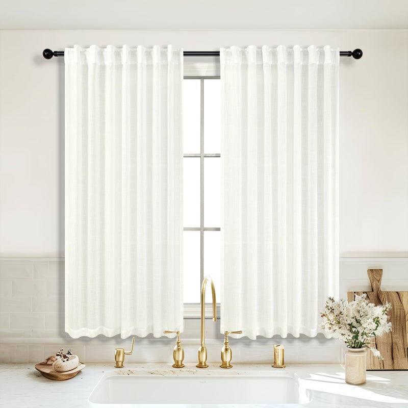 KOUFALL Bathroom Curtains Window Short 54 Inch Length Ivory Off White Sheer Semi Privacy Linen Small Curtain for Bedroom 48 Windows 52x54 in Long 2 Panels Set - Image 4