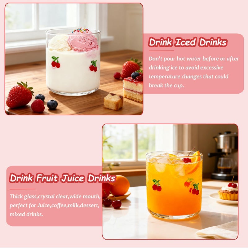 Sel Natural Cherry Icon Juice Glasses, Aesthetic Glass Juice Cups 14 oz Cocktail Glasses Drinking Glass Old Fashioned Iconic Glasses for Women Sister Friend Party (Cherry) - Image 4