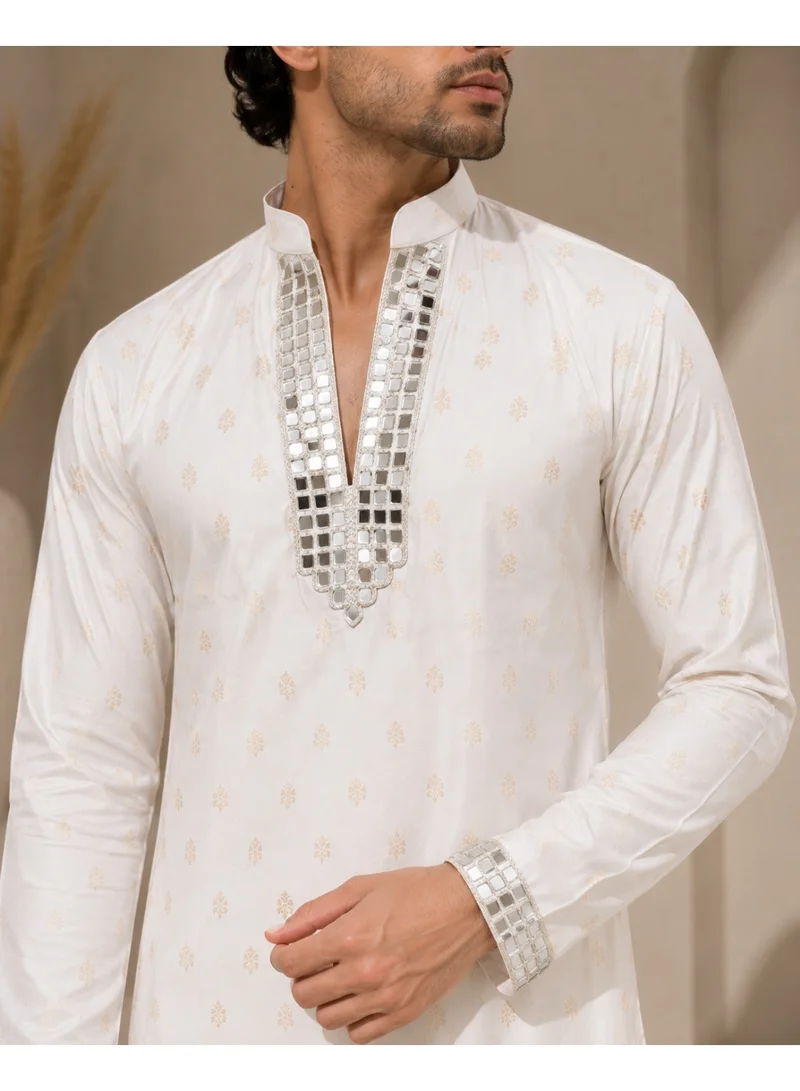 Lehar  Ivory Mirror Embellished Kurta Set for Men | Best Price UAE