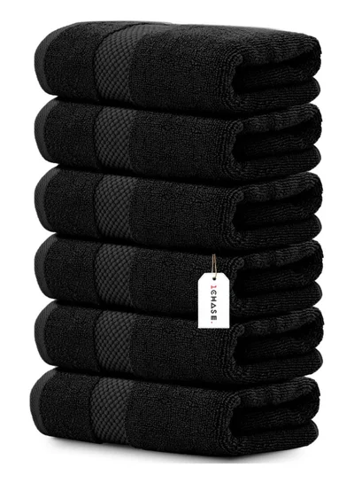1Chase Luxury Hand Towels Set of 6 – 100% Egyptian Cotton, 16x30 Inches – Ultra Soft & Absorbent – Premium Hotel, Spa & Bathroom Towels – Quick Dry & Durable (6, Black)