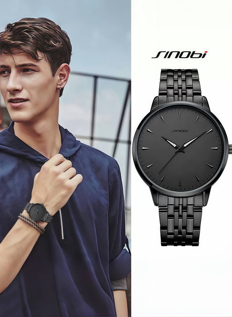 SINOBI Men's Watches for Men - Stainless Steel Watch with Modern Black Dial, Waterproof Quartz for Business Casual & Gifts - Image 1