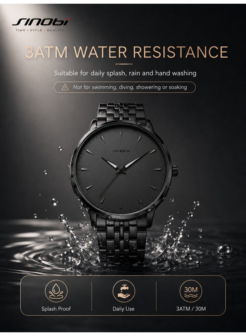 SINOBI Men's Watches for Men - Stainless Steel Watch with Modern Black Dial, Waterproof Quartz for Business Casual & Gifts - Image 5