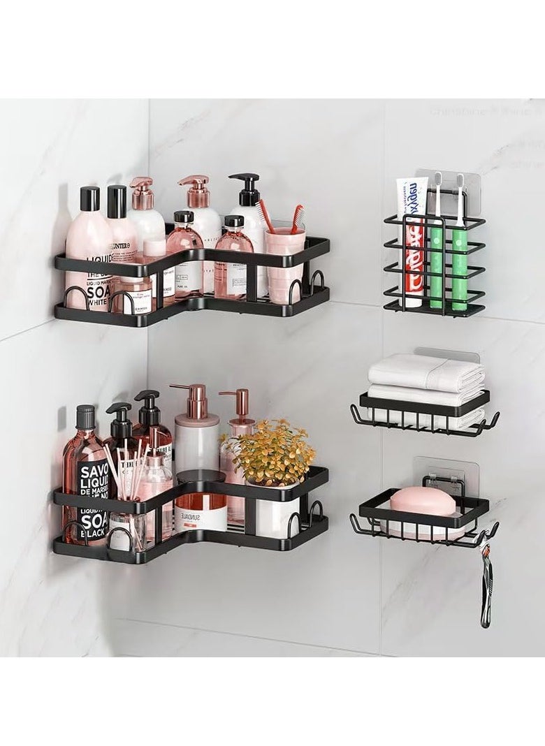 Tiokkss 5 Pack Shower Caddy, Corner Shelf Bathroom Organizers, Adhesive Shower Shelves Bathroom Accessories Set, Black Bathroom Shelf Shower Organizer, Stainless Steel Shower Shelf  - Image 1
