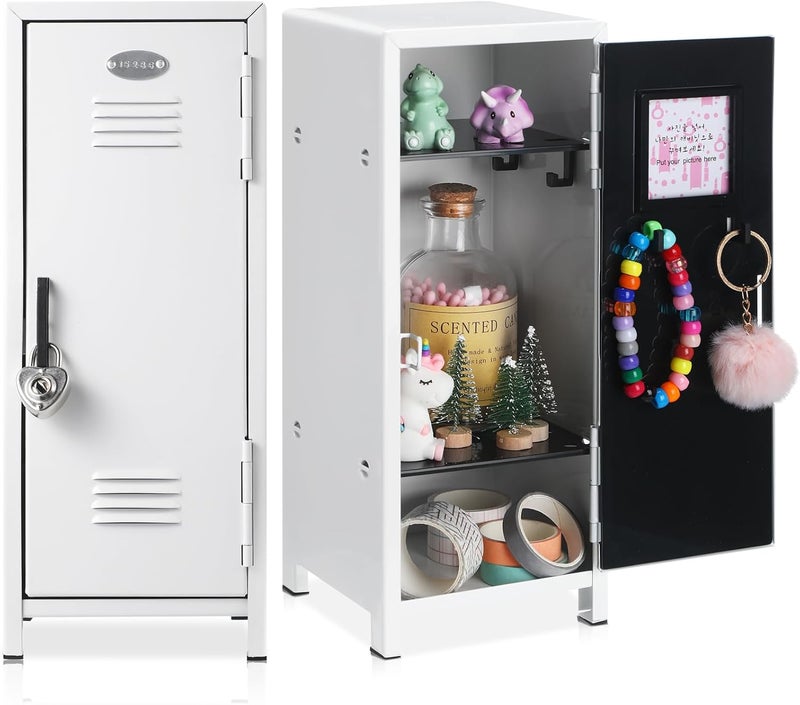 Vercraft 2 Pcs Mini Metal Locker Storage with Lock and 2 Keys 10.8 Inch Small Money Security and Cash Safe Box for Jewelry Back to School Home Office Desktop Container(White) - Image 1