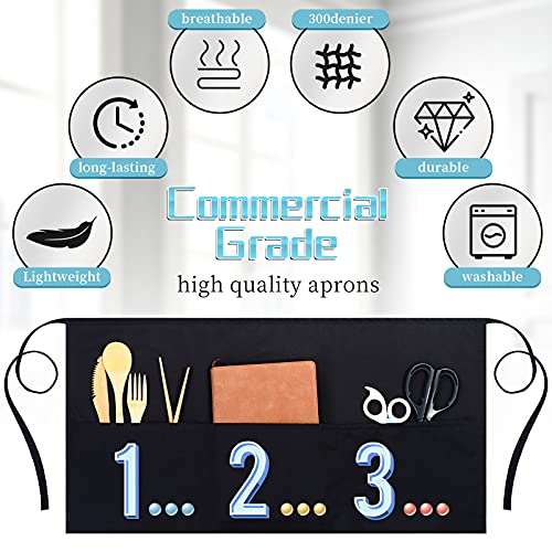 Syhood Black Waist Aprons 3 Pockets Waiter Waitress Server Short Aprons Water Oil Resistant Waist Aprons for Women Men (12 Pieces) - Image 3