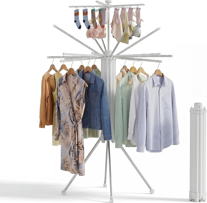 RFOUO Clothes Drying Rack Aluminum-4 Legs 16rods Double Layer, Portable Foldable Drying Rack,Space Saving Laundry Drying Rack,Drying Rack Clothing for Laundry Bedroom Household - Image 1