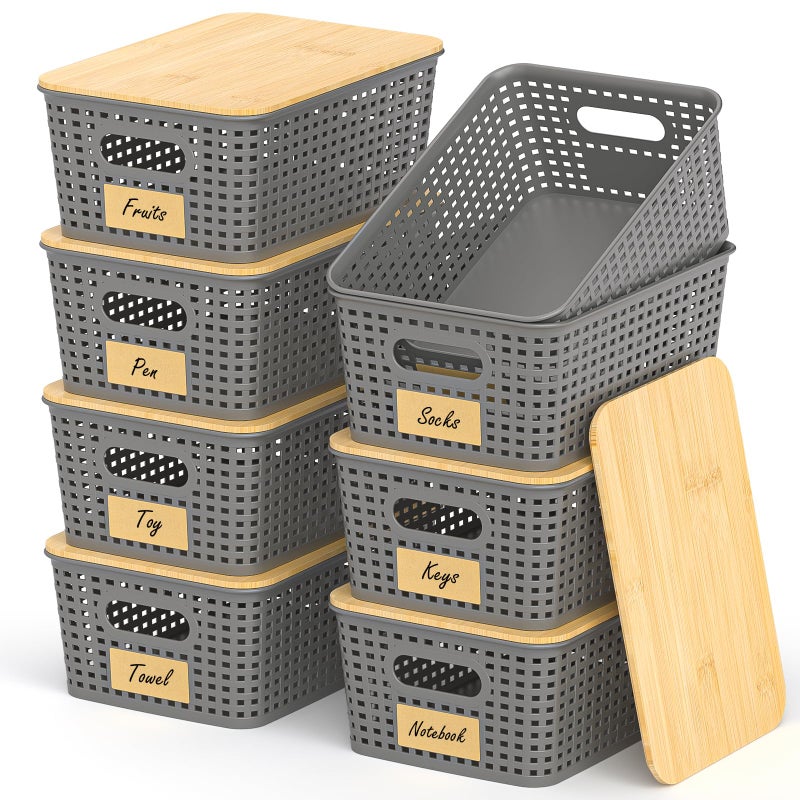 Uvellgift Stackable Storage Basket: Plastic Storage Bins, Baskets for Organizing, Pantry Decorative Containers for Closets, Cabinets, Shelves(8 Pack, Grey) - Image 1