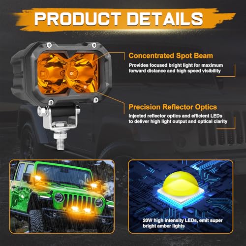 Niking Auto Amber LED Pods, 2Pcs 4 Inch Yellow Spot Light Driving Fog Lights 80W LED Light Bar LED Work Light Cubes Off Road Bumper Amber Fog Lights for Trucks ATV UTV SUV Tractor Boat - Image 3