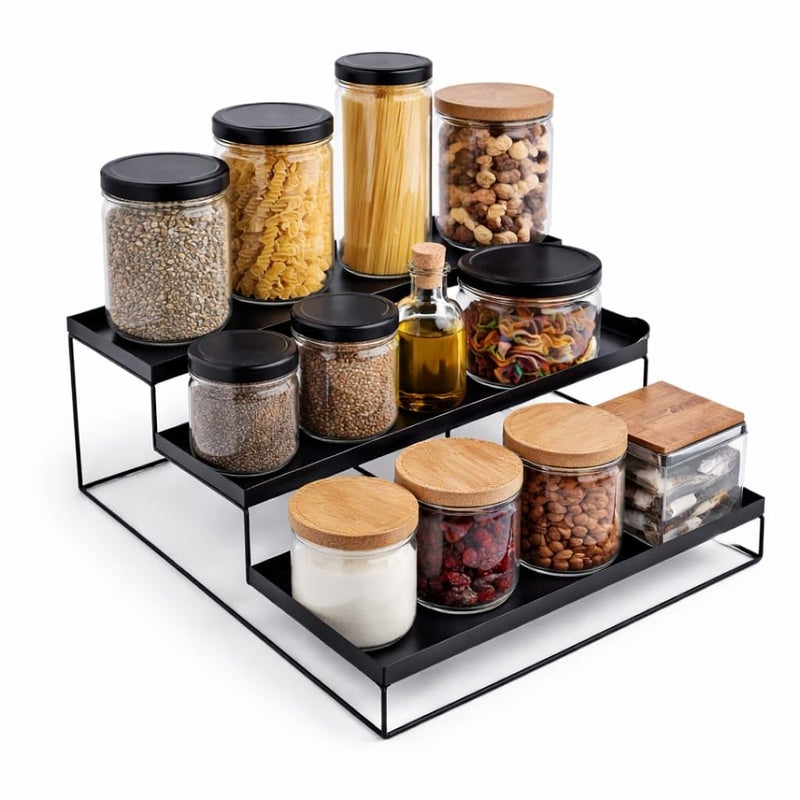 12FOR COLLECTION Kitchen 3-Tier Step Standing Rack Kitchen Spice Bottle Rack Utensil Holder Food Storage Organizer for Cabinet Cupboard Pantry Shelf Bathroom Rack (Pack of 1, Black) - Iron - Image 4