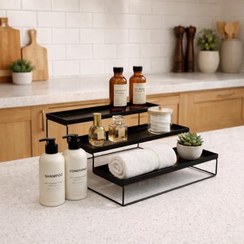 12FOR COLLECTION Kitchen 3-Tier Step Standing Rack Kitchen Spice Bottle Rack Utensil Holder Food Storage Organizer for Cabinet Cupboard Pantry Shelf Bathroom Rack (Pack of 1, Black) - Iron - Image 3