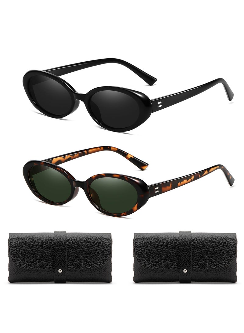 Excefore نظارات شمسية بيضاوية عتيقة للنساء، 2 قطعة نظارات بيضاوية صغيرة عصرية مع علبة جلدية، ظلال عتيقة، أسلوب التسعينات نظارات شمسية كلاسيكية، حماية UV400 - Image 1