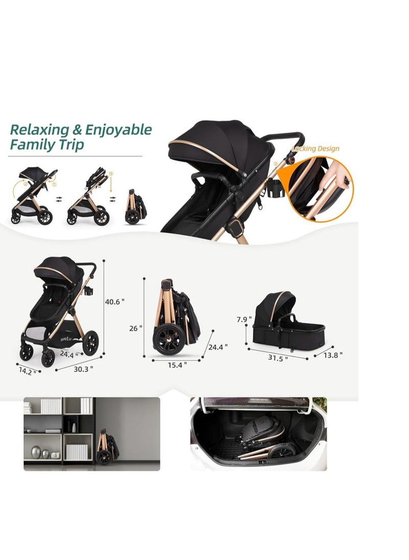 Generic 6-in-1 Convertible Baby Stroller with Bassinet Mode - Toddler Stroller w/Footmuff, Rain Cover, Cup Holder & Large Storage, Travel Stroller w/All-Scene Large Wheels, Reversible Seat(Black)  - Image 2