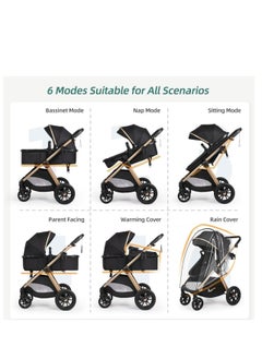 Generic 6-in-1 Convertible Baby Stroller with Bassinet Mode - Toddler Stroller w/Footmuff, Rain Cover, Cup Holder & Large Storage, Travel Stroller w/All-Scene Large Wheels, Reversible Seat(Black)  - Image 3